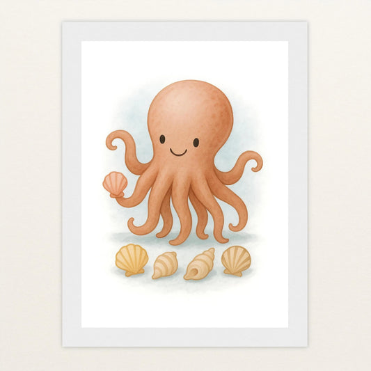 Tilli der Tintenfisch - Motiv: "Muscheln" Poster mit Holzrahmen von tinylearner