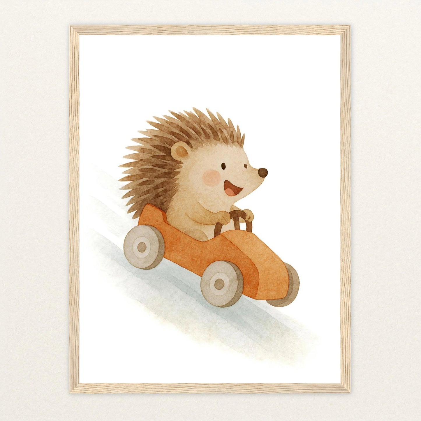 Iggi der Igel - Motiv: "Rennwagen" Poster mit Holzrahmen von tinylearner
