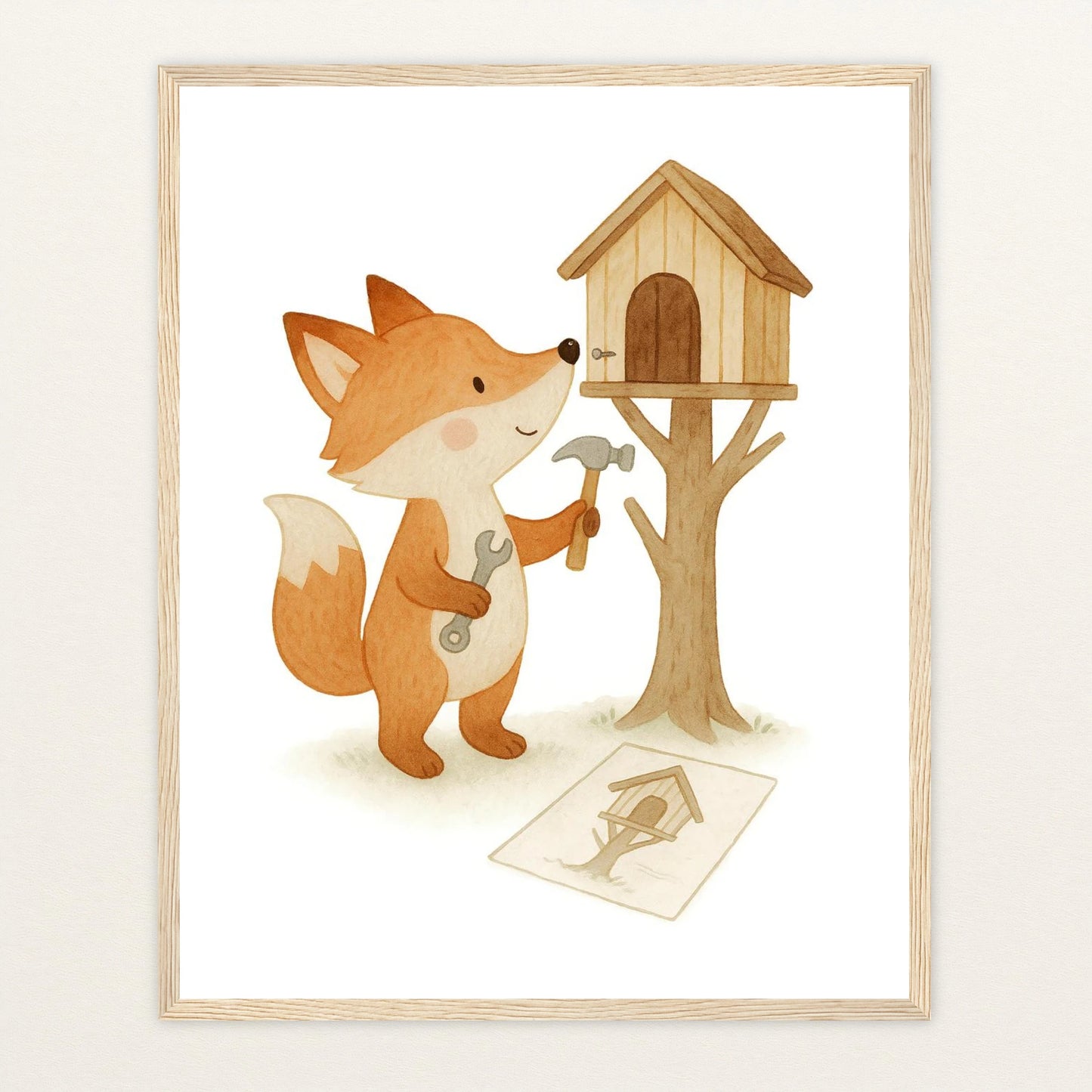 Finnegan der Fuchs - Motiv: "Baumhaus" Poster mit Holzrahmen von tinylearner