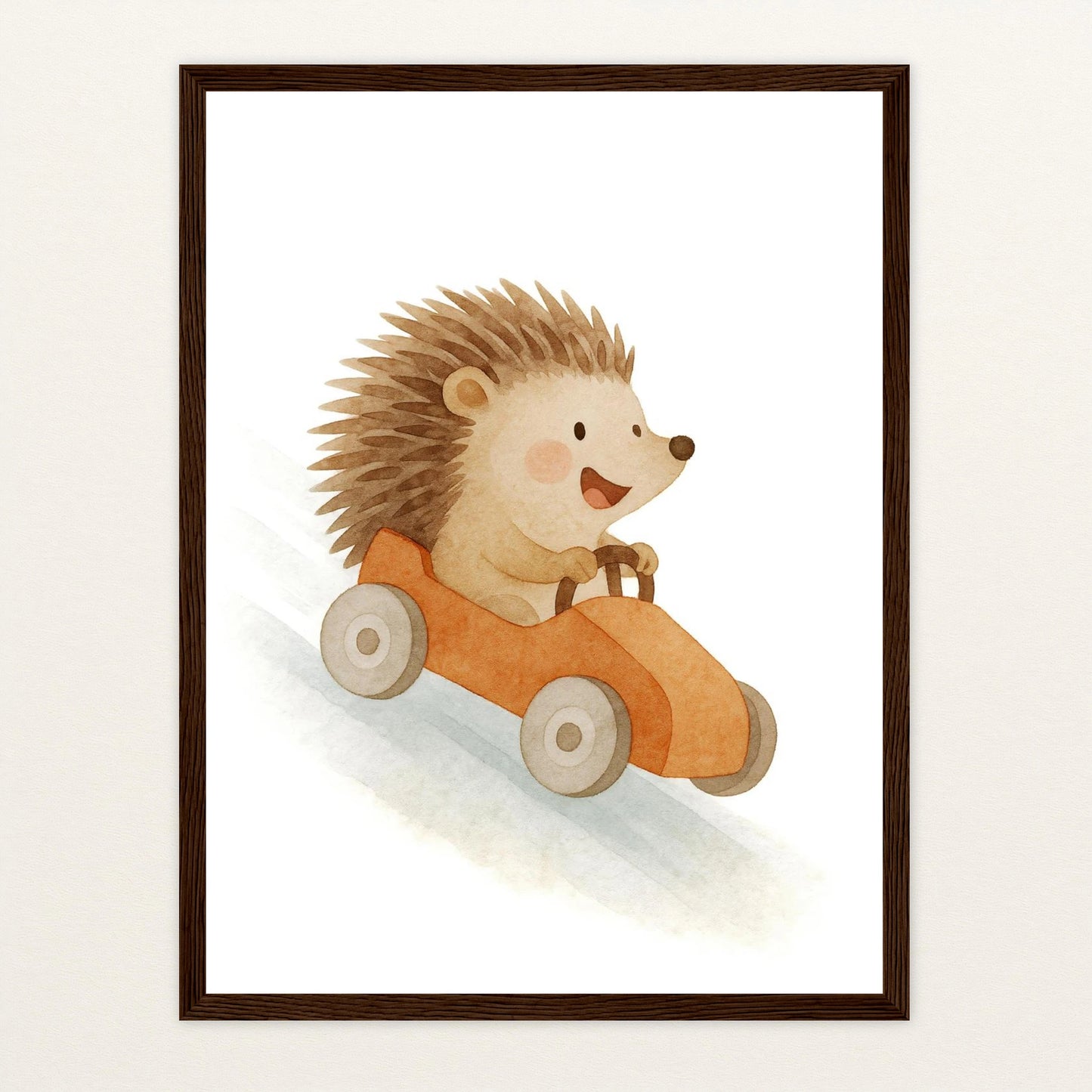 Iggi der Igel - Motiv: "Rennwagen" Poster mit Holzrahmen von tinylearner