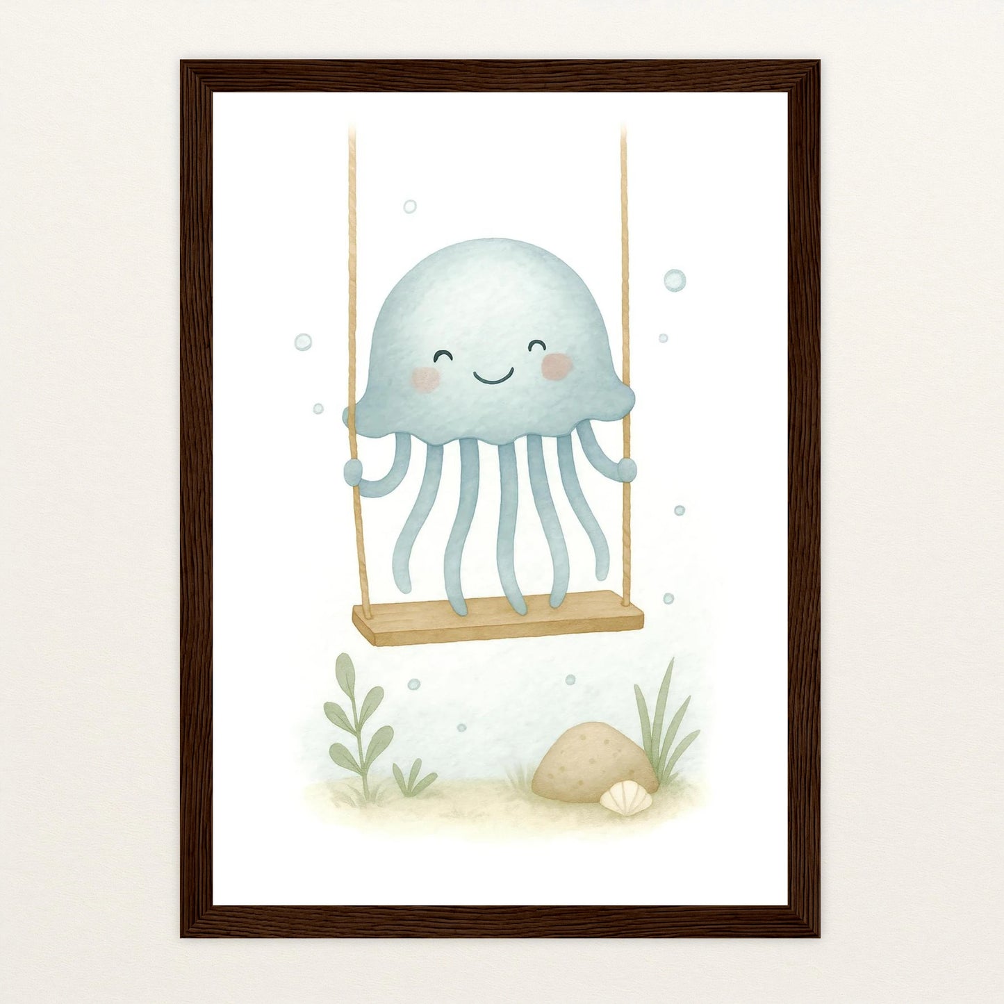 Quinn die Qualle - Motiv: "Schaukel" Poster mit Holzrahmen von tinylearner