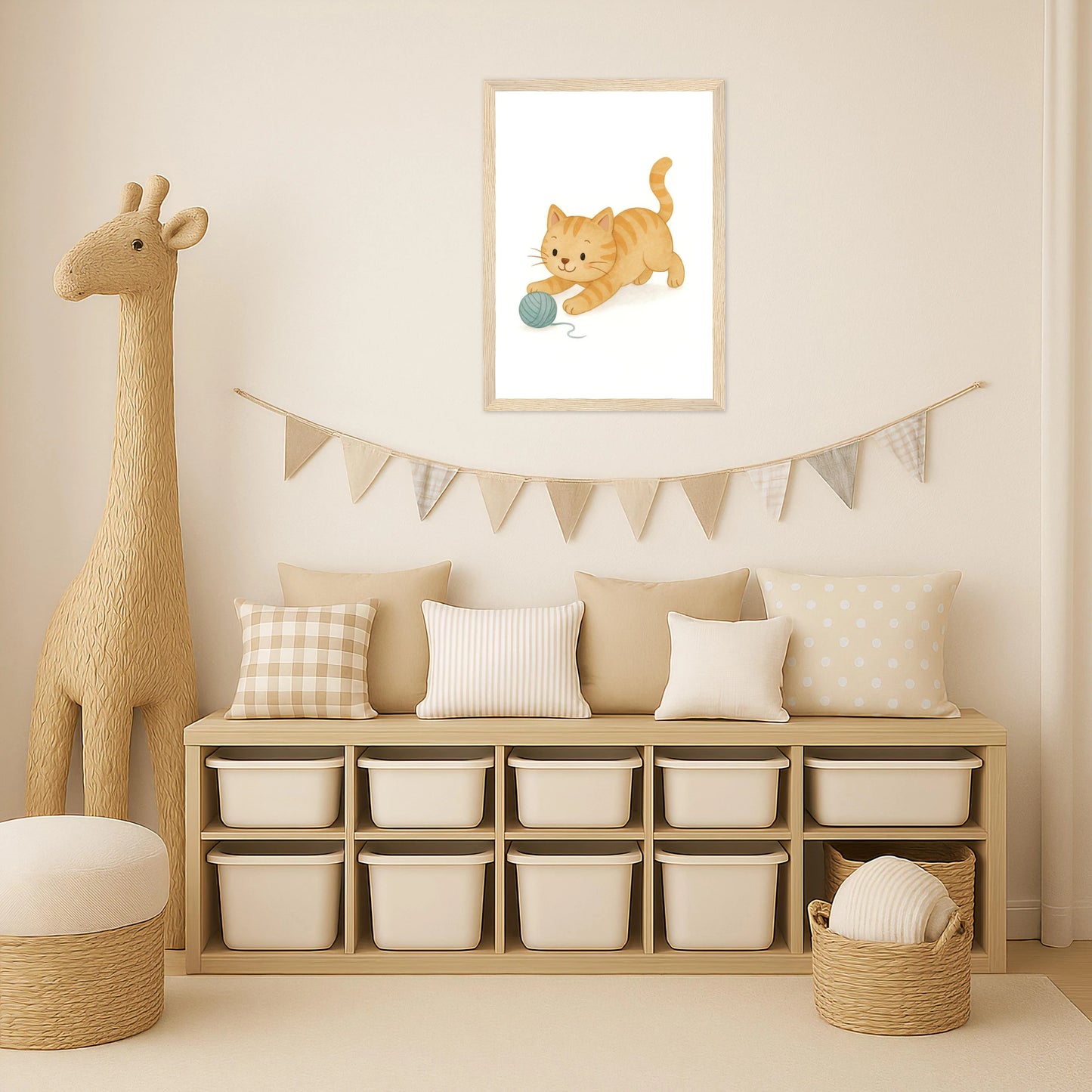 Kira die Katze - Motiv: "Wolle" Poster mit Holzrahmen von tinylearner