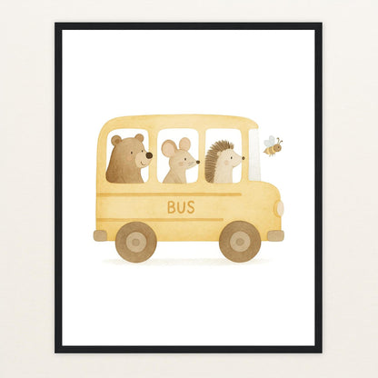 Tierfreunde - Motiv: "Schulbus" Poster mit Holzrahmen von tinylearner