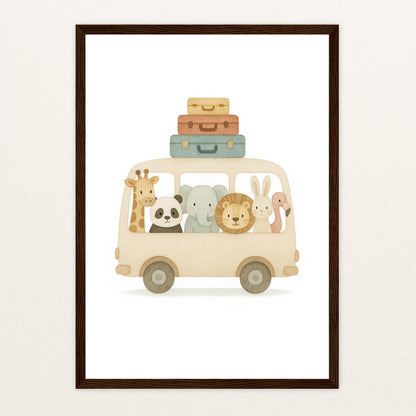 Tierfreunde - Motiv: "Reisebus" Poster mit Holzrahmen von tinylearner