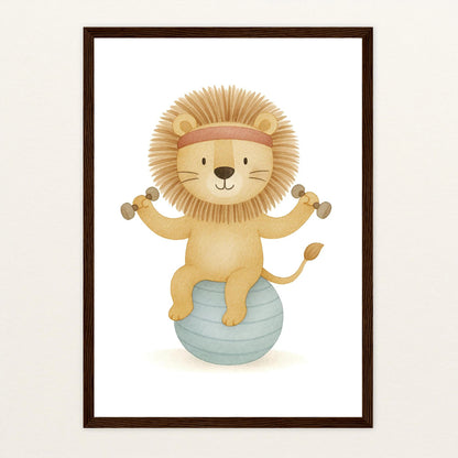 Leo der Löwe - Motiv: "Workout" Poster mit Holzrahmen von tinylearner