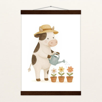 Klara die Kuh - Motiv: "Blumengießen" Poster mit Leisten von tinylearner