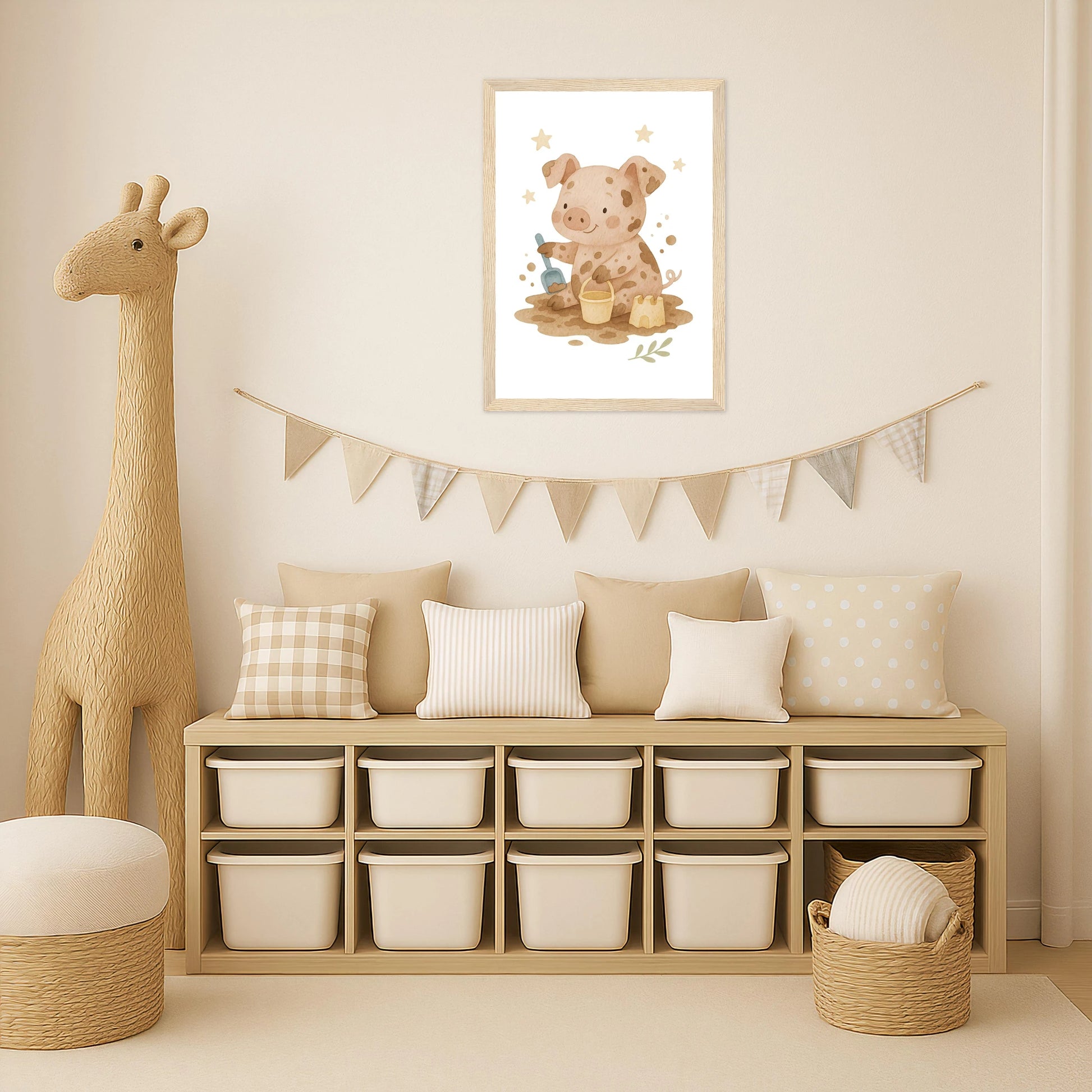 Susi das Schwein - Motiv: "Sandkasten" Poster mit Holzrahmen von tinylearner