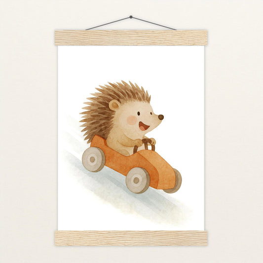 Iggi der Igel - Motiv: "Rennwagen" Poster mit Leisten von tinylearner