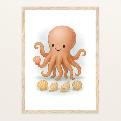 Tilli der Tintenfisch - Motiv: "Muscheln" Poster mit Holzrahmen von tinylearner