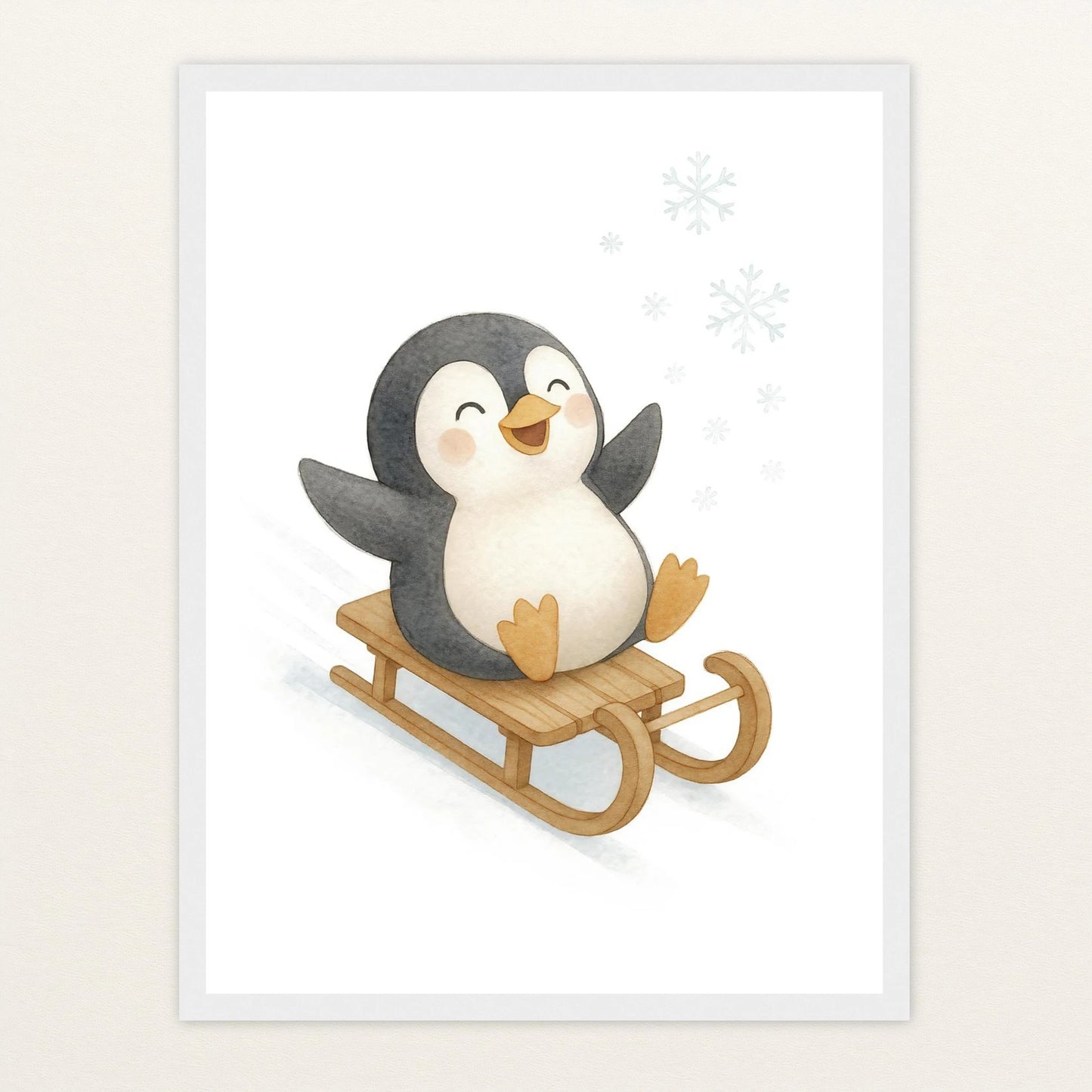 Pia der Pinguin - Motiv: "Schlitten" Poster mit Holzrahmen von tinylearner