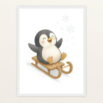 Pia der Pinguin - Motiv: "Schlitten" Poster mit Holzrahmen von tinylearner