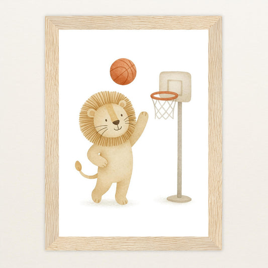 Leo der Löwe - Motiv: "Basketball" Poster mit Holzrahmen von tinylearner