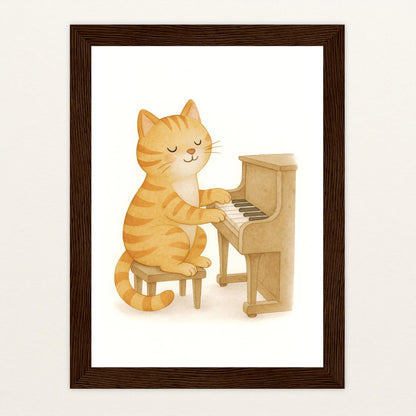 Kira die Katze - Motiv: "Klavier" Poster mit Holzrahmen von tinylearner