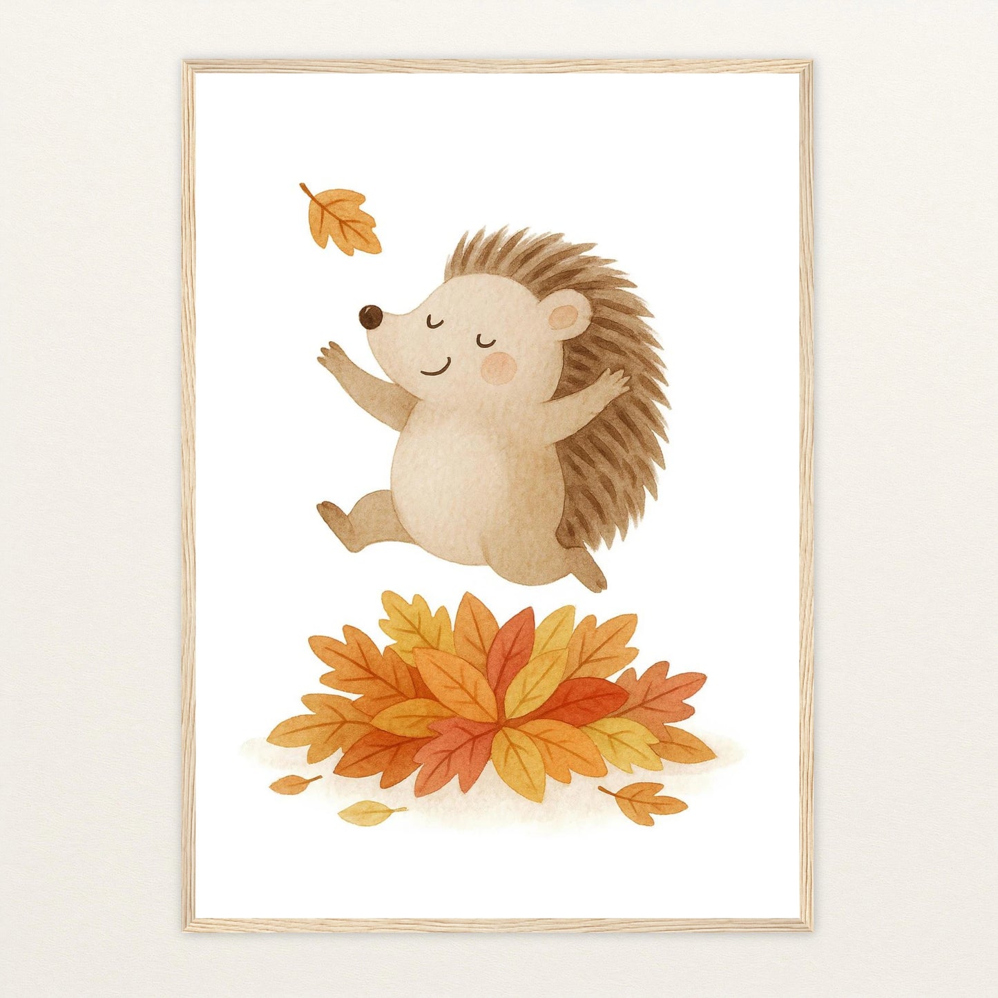 Iggi der Igel - Motiv: "Laub" Poster mit Holzrahmen von tinylearner