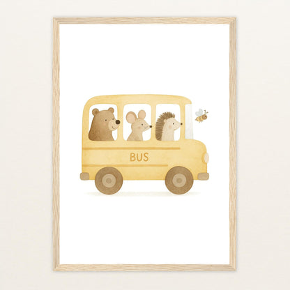 Tierfreunde - Motiv: "Schulbus" Poster mit Holzrahmen von tinylearner
