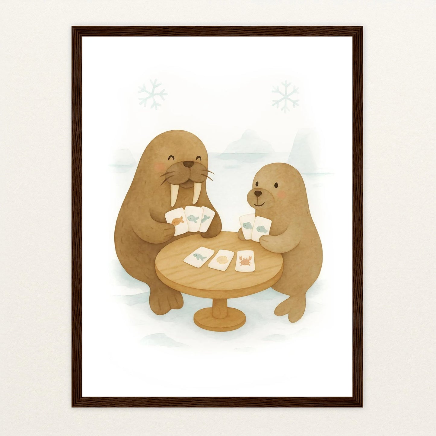 Wally das Walross - Motiv: "Kartenspiel" Poster mit Holzrahmen von tinylearner