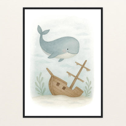 Willi der Wal - Motiv: "Schiffswrack" Poster mit Holzrahmen von tinylearner