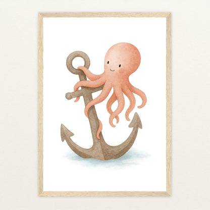 Tilli der Tintenfisch - Motiv: "Anker" Poster mit Holzrahmen von tinylearner