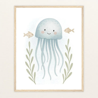 Quinn die Qualle Poster mit Holzrahmen von tinylearner