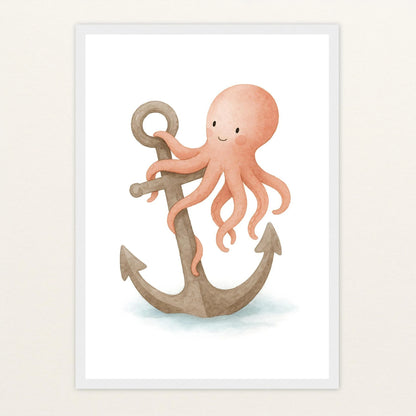 Tilli der Tintenfisch - Motiv: "Anker" Poster mit Holzrahmen von tinylearner