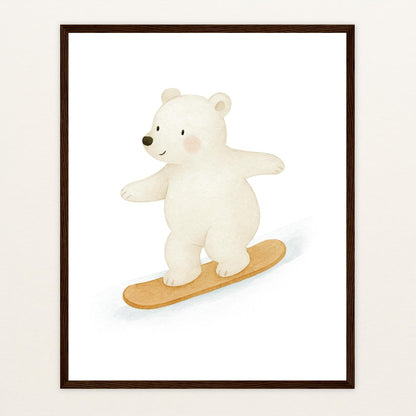Pummel der Polarbär - Motiv: "Snowboard" Poster mit Holzrahmen von tinylearner