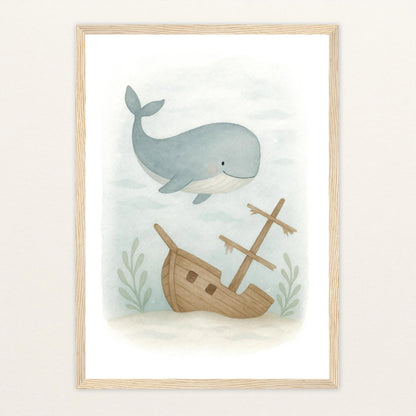 Willi der Wal - Motiv: "Schiffswrack" Poster mit Holzrahmen von tinylearner