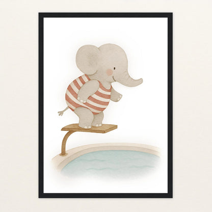 Emil der Elefant - Motiv: "Pool" Poster mit Holzrahmen von tinylearner