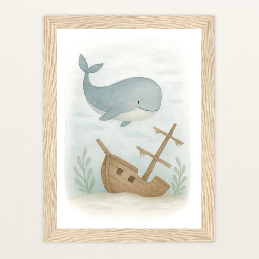 Willi der Wal - Motiv: "Schiffswrack" Poster mit Holzrahmen von tinylearner