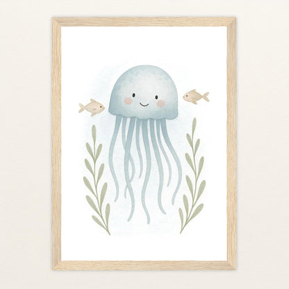 Quinn die Qualle Poster mit Holzrahmen von tinylearner
