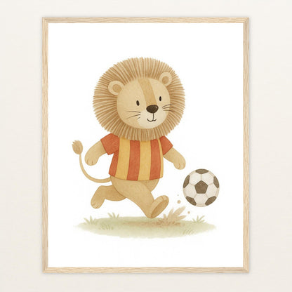 Leo der Löwe - Motiv: "Fußball" Poster mit Holzrahmen von tinylearner