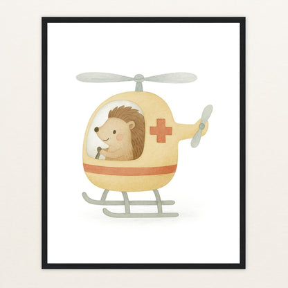 Iggi der Igel - Motiv: "Rettungshubschrauber" Poster mit Holzrahmen von tinylearner