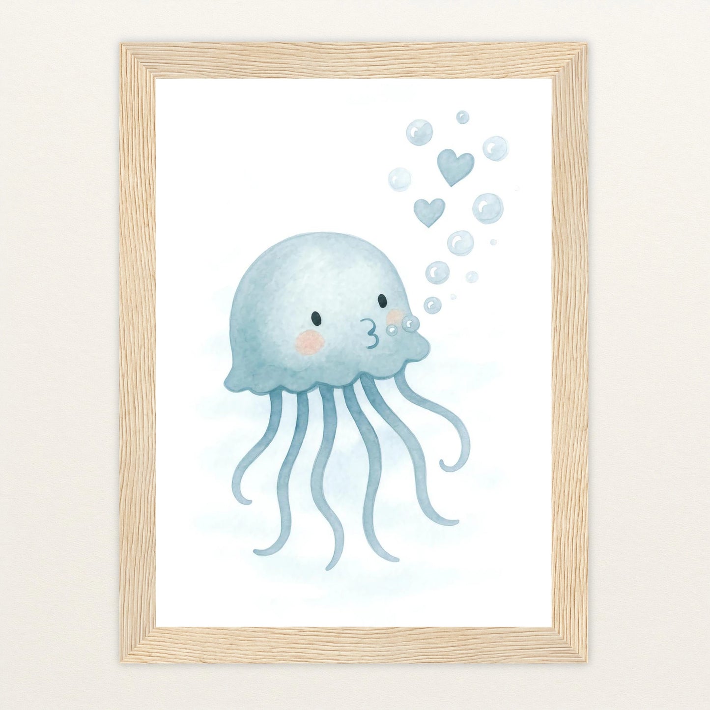 Quinn die Qualle - Motiv: "Luftblasen" Poster mit Holzrahmen von tinylearner