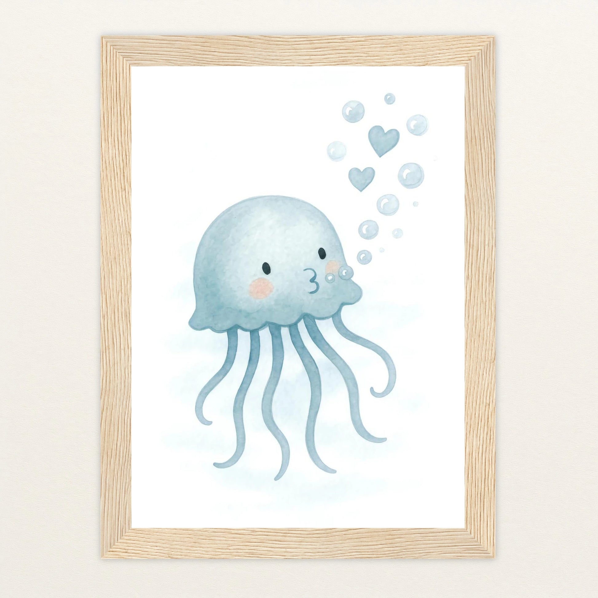 Quinn die Qualle - Motiv: "Luftblasen" Poster mit Holzrahmen von tinylearner
