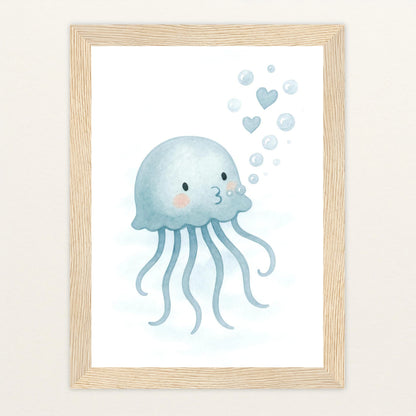 Quinn die Qualle - Motiv: "Luftblasen" Poster mit Holzrahmen von tinylearner