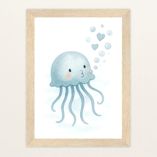Quinn die Qualle - Motiv: "Luftblasen" Poster mit Holzrahmen von tinylearner