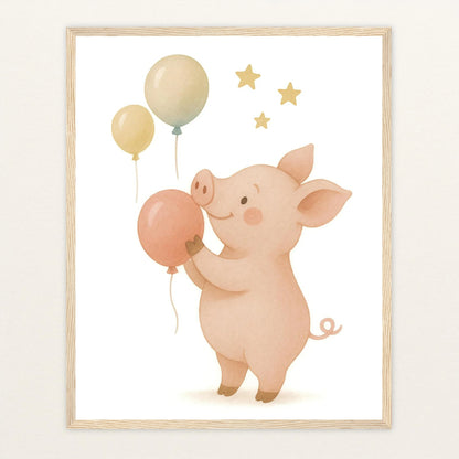 Susi das Schwein - Motiv: "Ballons" Poster mit Holzrahmen von tinylearner