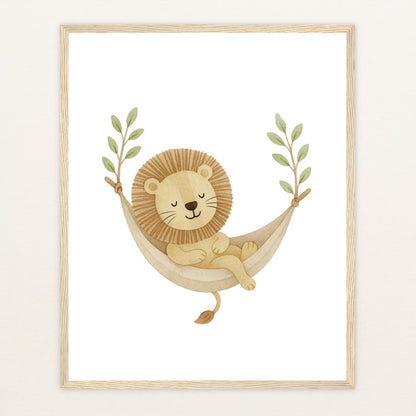 Leo der Löwe - Motiv: "Hängematte" Poster mit Holzrahmen von tinylearner