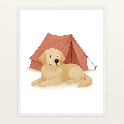 Hugo der Hund - Motiv: "Zelt" Poster mit Holzrahmen von tinylearner