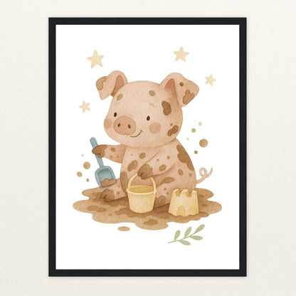 Susi das Schwein - Motiv: "Sandkasten" Poster mit Holzrahmen von tinylearner