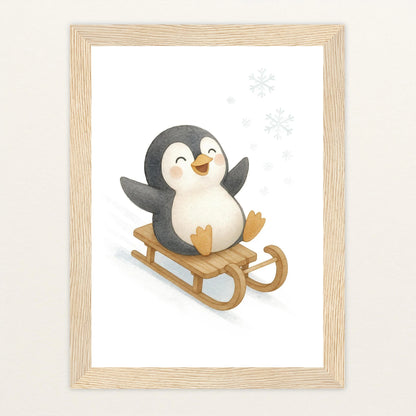 Pia der Pinguin - Motiv: "Schlitten" Poster mit Holzrahmen von tinylearner