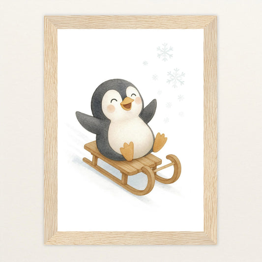 Pia der Pinguin - Motiv: "Schlitten" Poster mit Holzrahmen von tinylearner