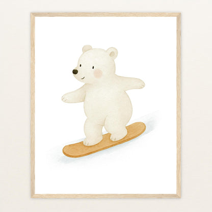 Pummel der Polarbär - Motiv: "Snowboard" Poster mit Holzrahmen von tinylearner