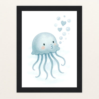 Quinn die Qualle - Motiv: "Luftblasen" Poster mit Holzrahmen von tinylearner