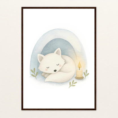 Pino der Polarfuchs - Motiv: "Schneehöhle" Poster mit Holzrahmen von tinylearner