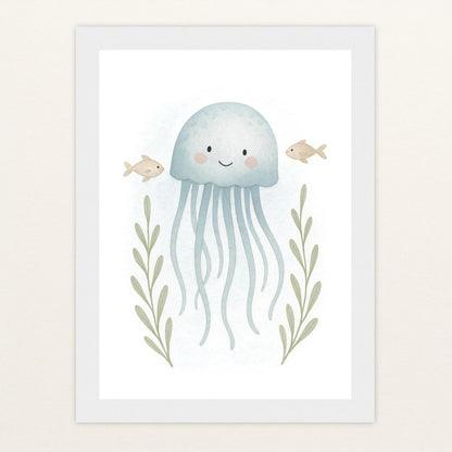 Quinn die Qualle Poster mit Holzrahmen von tinylearner