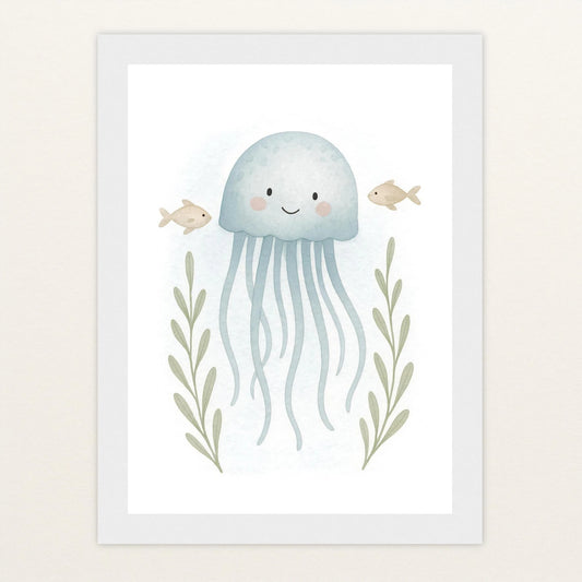 Quinn die Qualle Poster mit Holzrahmen von tinylearner