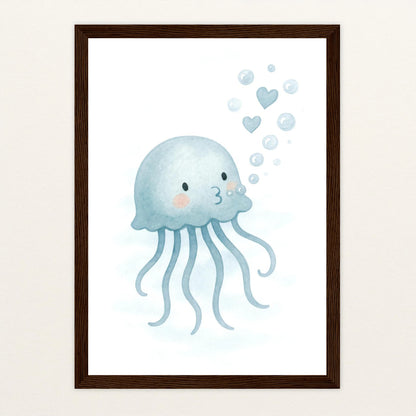 Quinn die Qualle - Motiv: "Luftblasen" Poster mit Holzrahmen von tinylearner