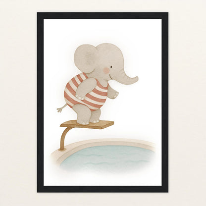 Emil der Elefant - Motiv: "Pool" Poster mit Holzrahmen von tinylearner