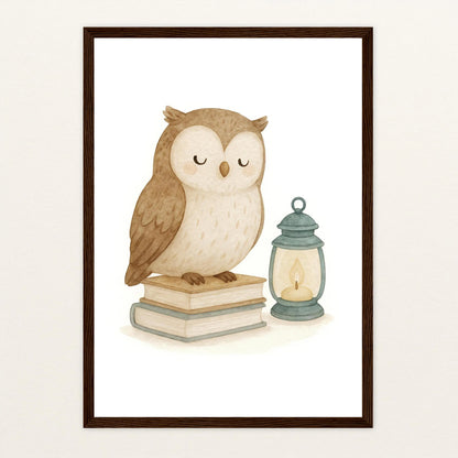 Emmi die Eule - Motiv: "Buch" Poster mit Holzrahmen von tinylearner