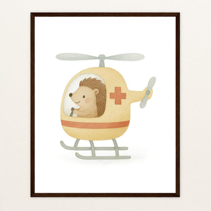 Iggi der Igel - Motiv: "Rettungshubschrauber" Poster mit Holzrahmen von tinylearner